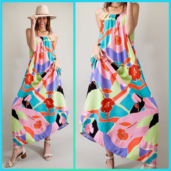 📌 EASEL Tropical Pucci-Like Floral Print Flowy Maxi Cami Dress Adjustable Straps - Picture 14 of 16